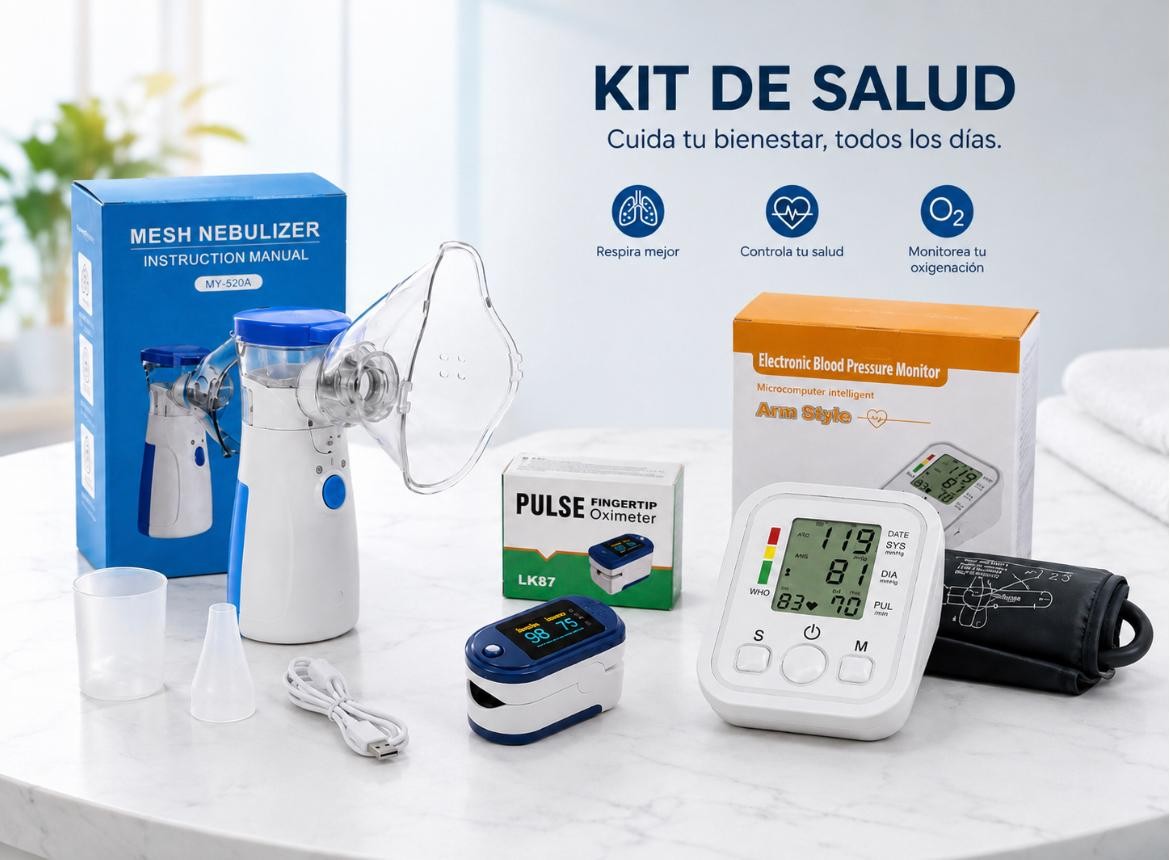 Kit de Salud 3 en 1 · Nebulizador + Oxímetro + Tensiómetro Digital